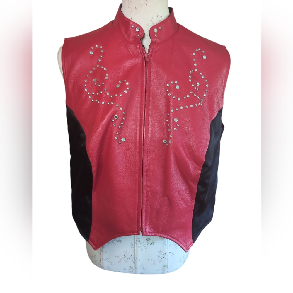 Women's Red Studded Leather Vest with Black Side Panels